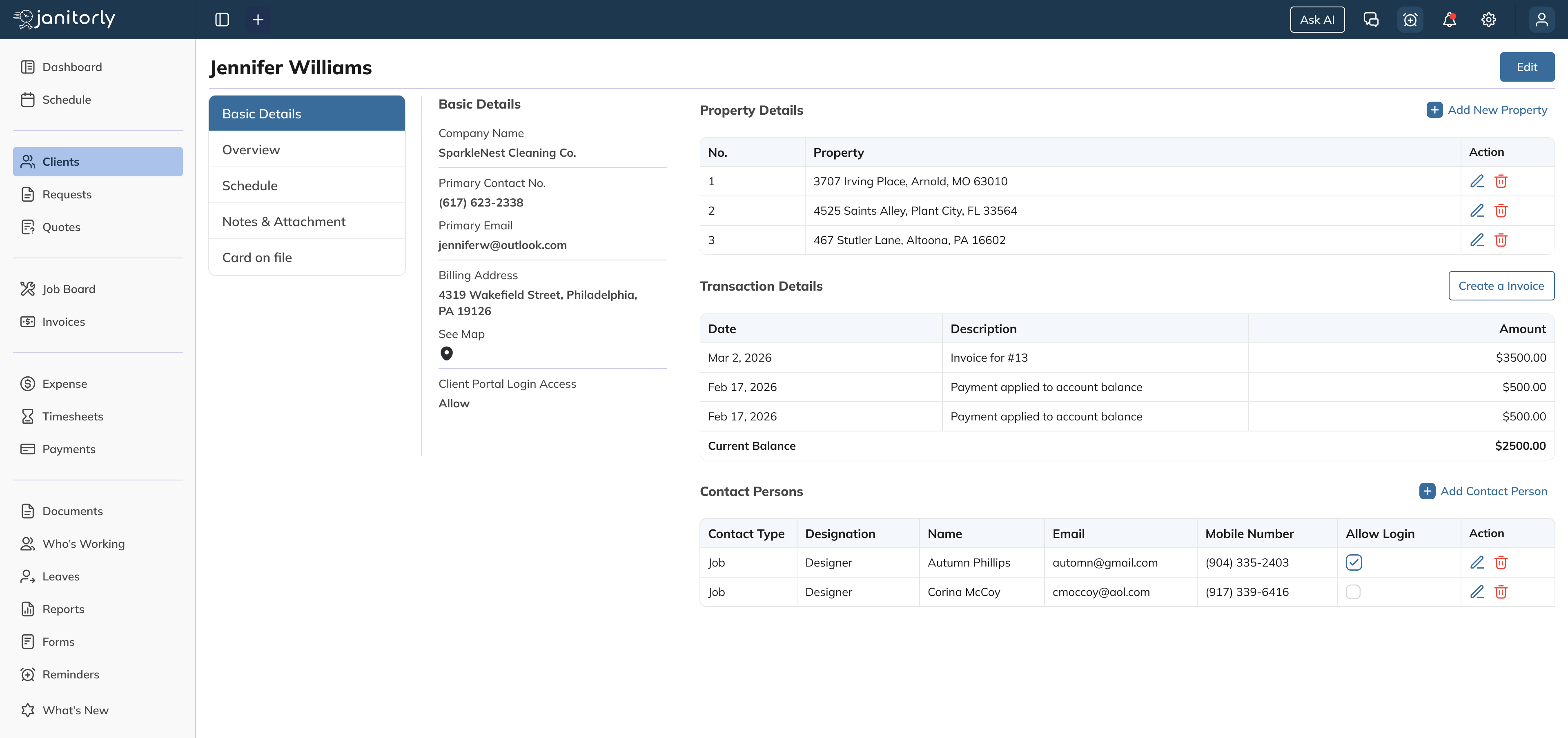 Janitorly janitorial scheduling software Client Details