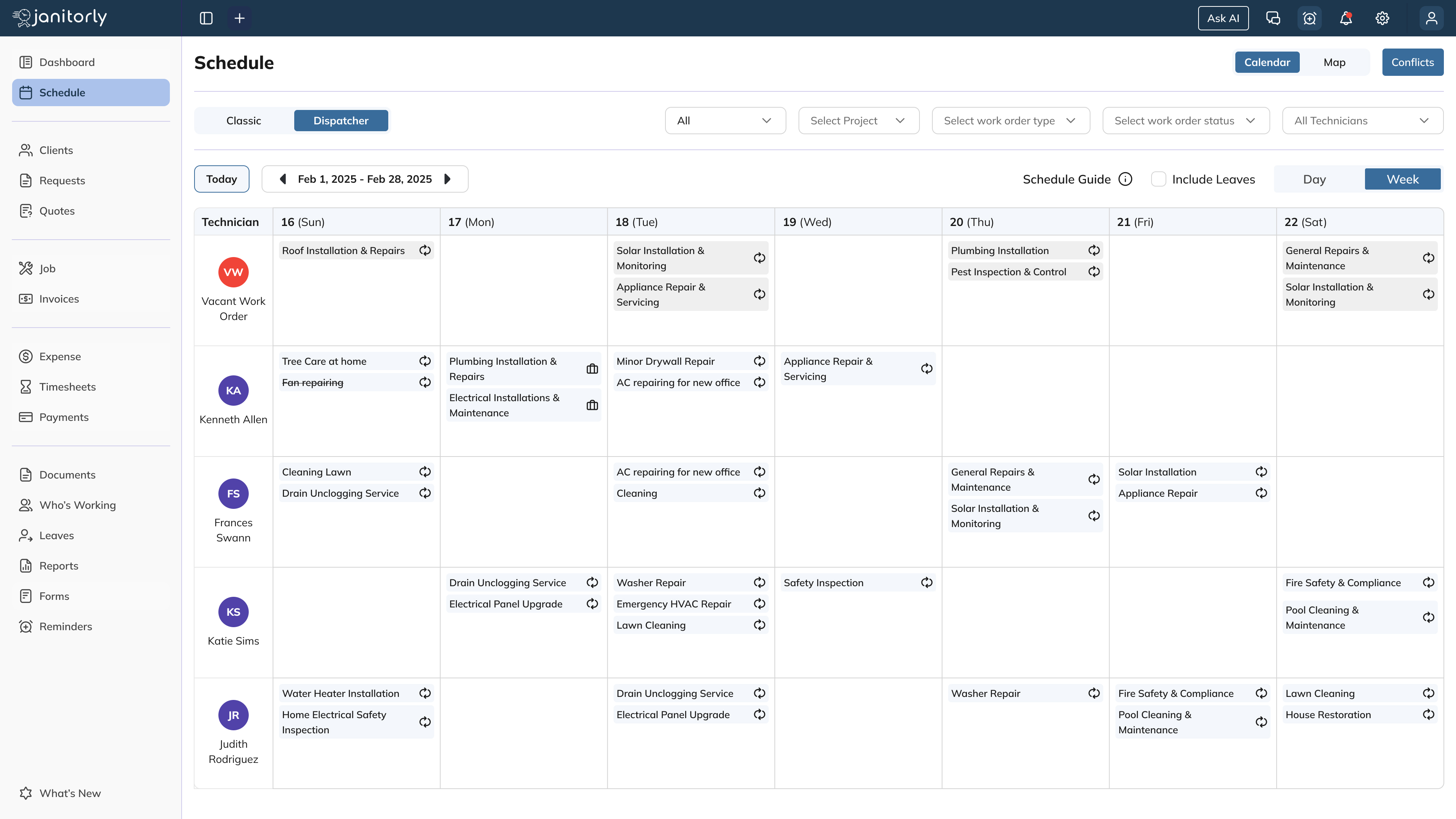 Janitorly janitorial scheduling software Dispatcher View